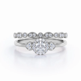 0.60 Carat Round Cut Diamond Halo Wedding Ring Set In White Gold Gift Ready Style Chic Craft