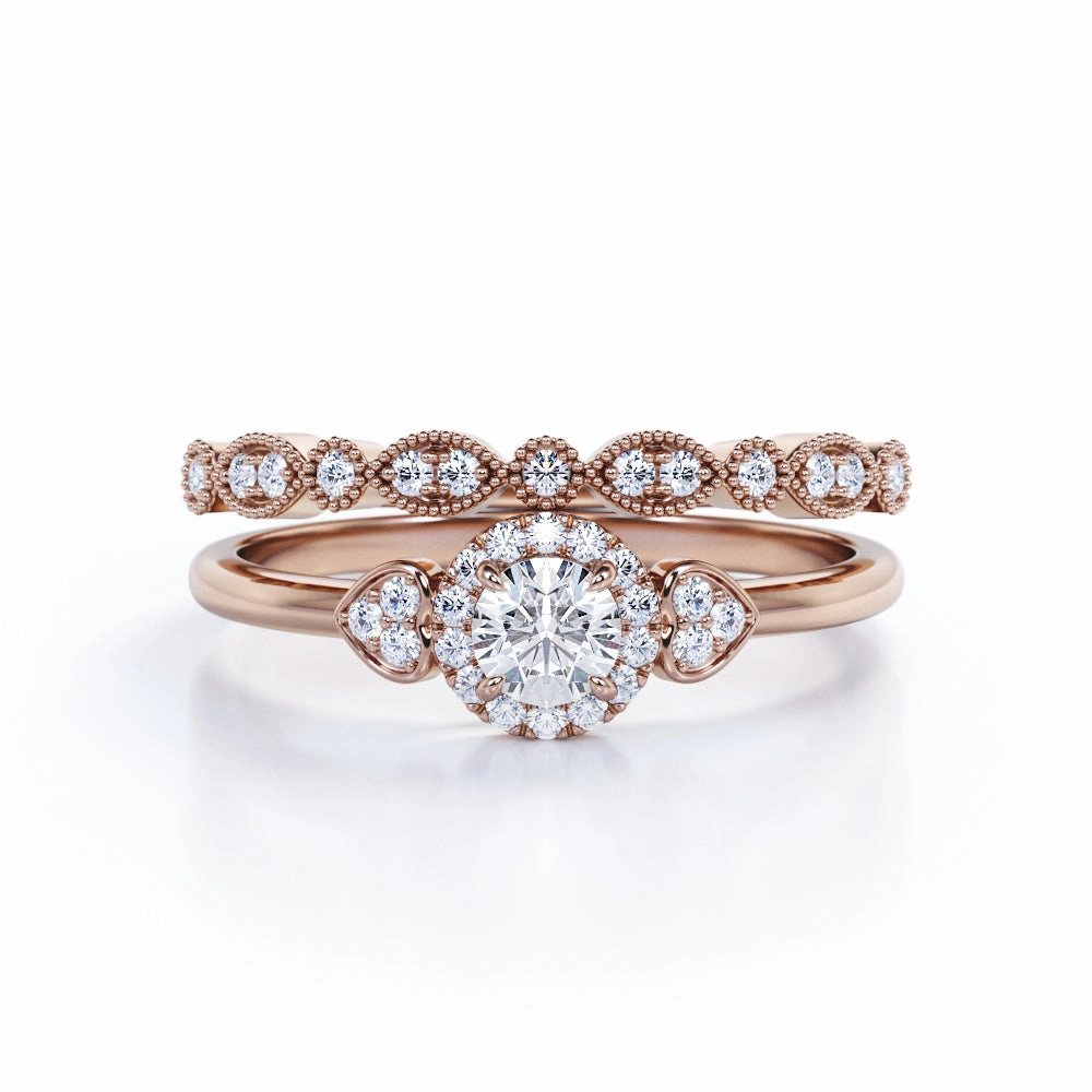 0.60 Carat Round Cut Diamond Halo Wedding Ring Set In White Gold Luxury Detail