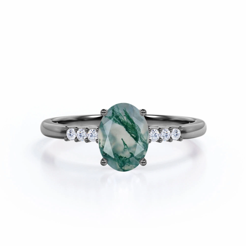 Seven Stone 1.15 Ct Oval Cut Moss Agate Engagement Ring Pure Touch