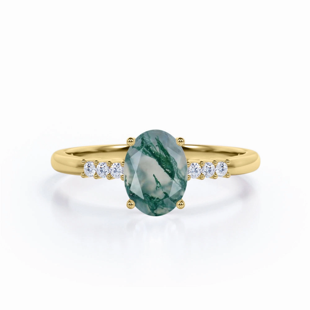 Seven Stone 1.15 Ct Oval Cut Moss Agate Engagement Ring Stylish Bauble Superior Embellishment