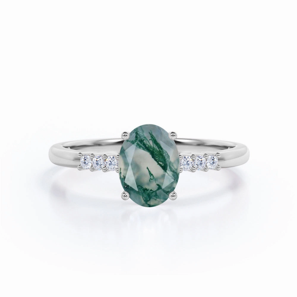 Exquisite Piece Seven Stone 1.15 Ct Oval Cut Moss Agate Engagement Ring