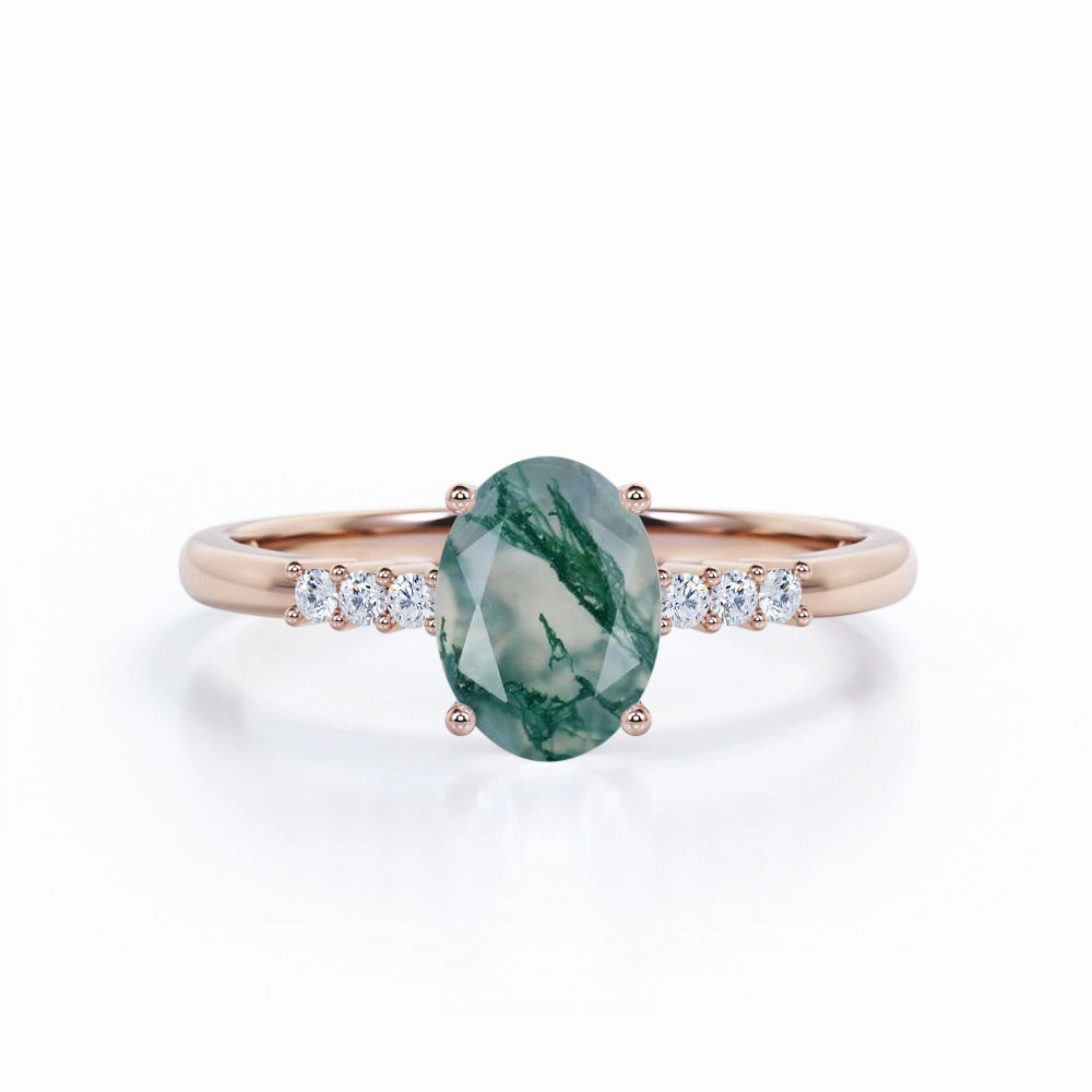 Autumn Fashion Seven Stone 1.15 Ct Oval Cut Moss Agate Engagement Ring
