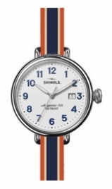 Refined Fashion Shinola Birdy, 38mm white dial with orange/beige/navy reversible double strap