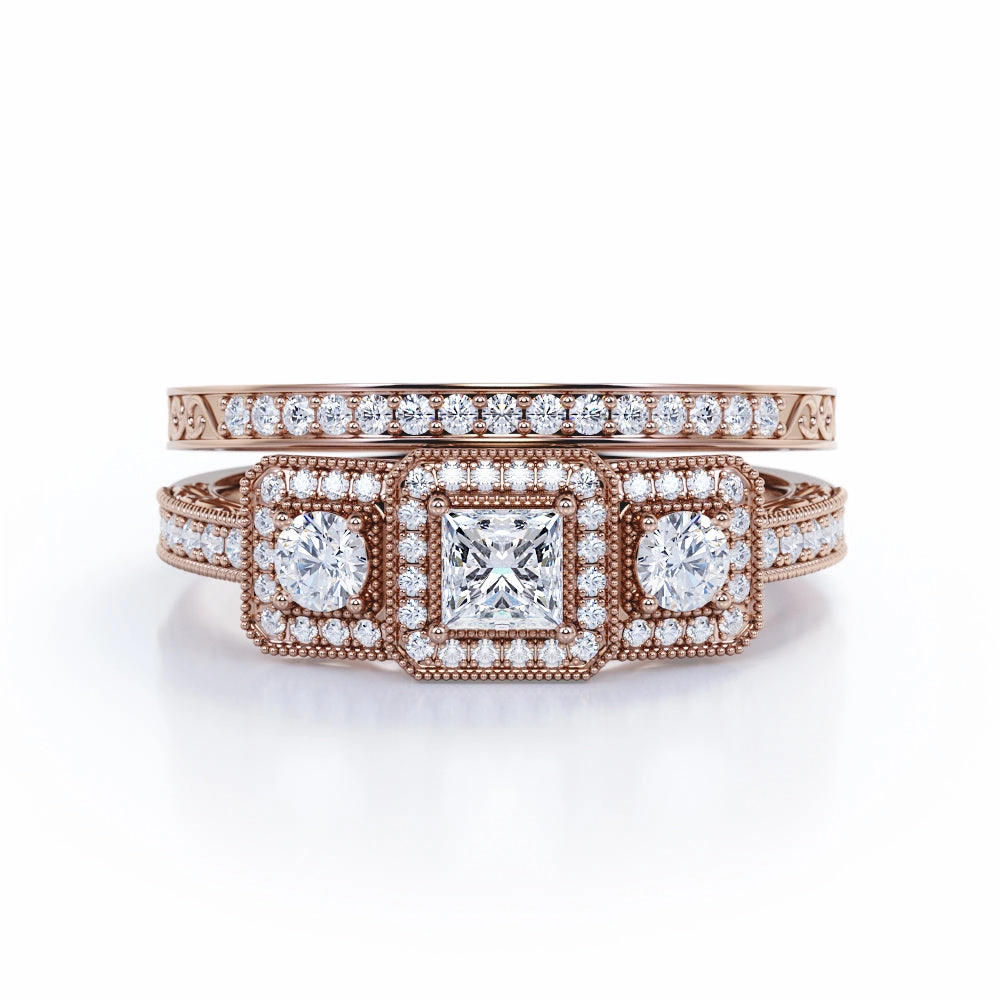 Modern Design Victorian Style 0.90 Carat TDW Princess Cut Diamond Three Stone Beaded Pave Wedding Ring Set In White Gold