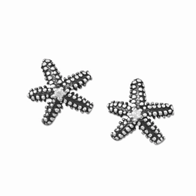 Glittering Feature Charming Item Starfish Stud Earrings Sterling Silver with Cubic Zirconia Center Antique Finish