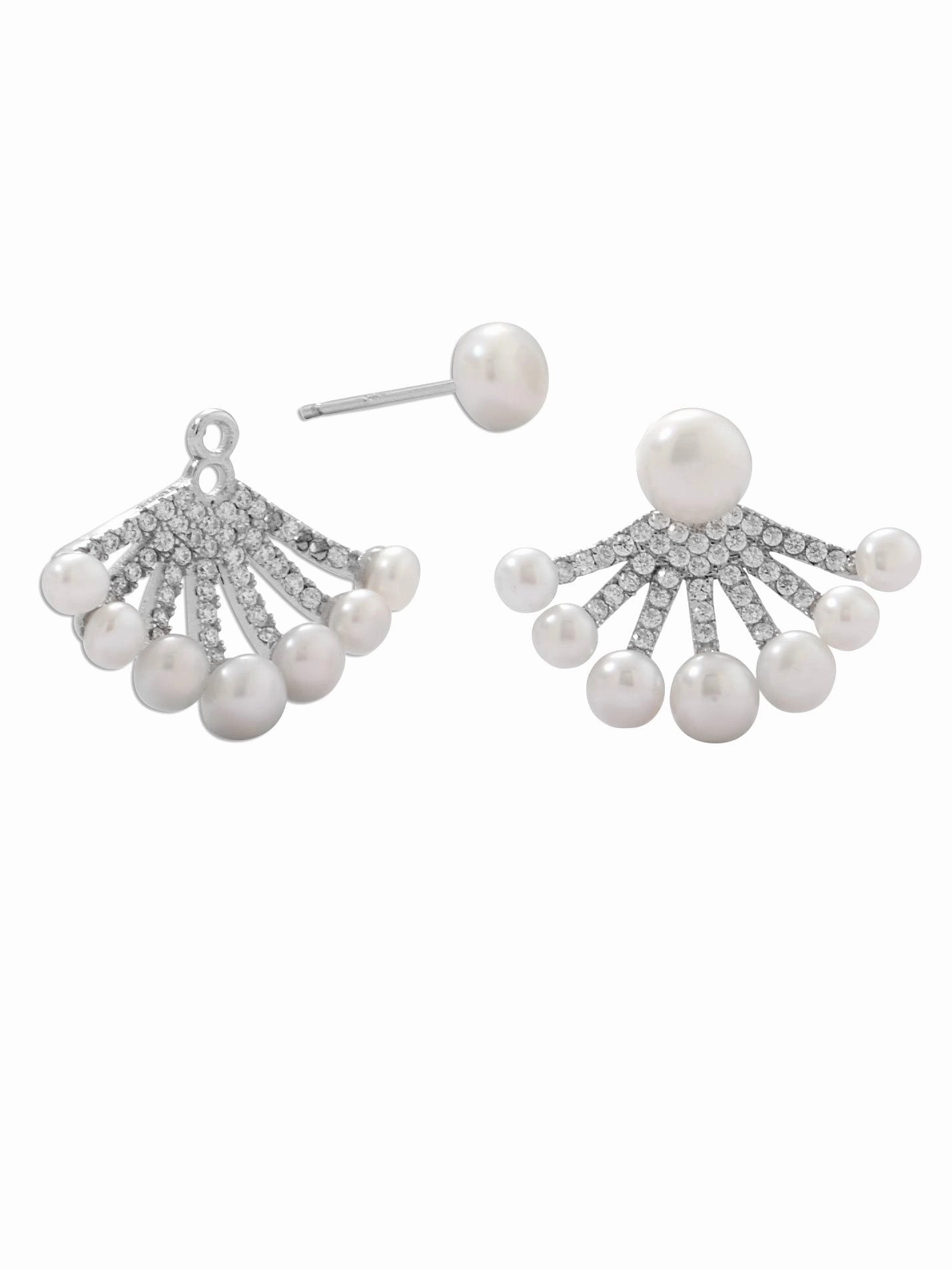 Lustrous Accessory Attractive Option Pearl Front Back Earrings with Removable Pearl Studs Rhodium on Sterling Silver