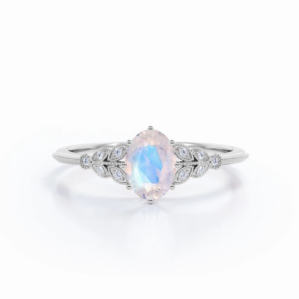 Resilient Look Delicate Craft Vintage Leaf 0.85 ct Oval Moonstone Engagement Ring