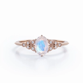 Unique Design Vintage Leaf 0.85 ct Oval Moonstone Engagement Ring