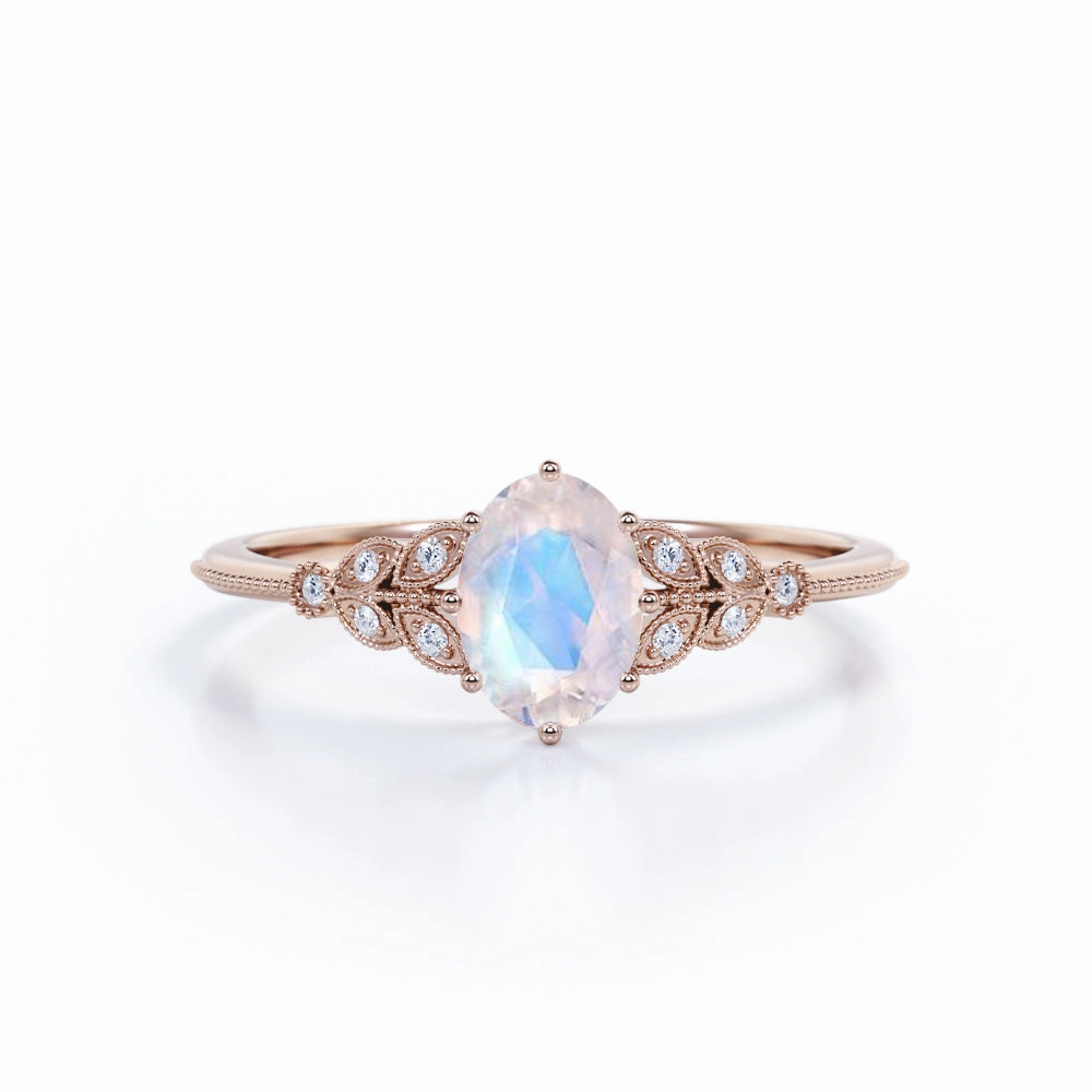 Unique Design Vintage Leaf 0.85 ct Oval Moonstone Engagement Ring