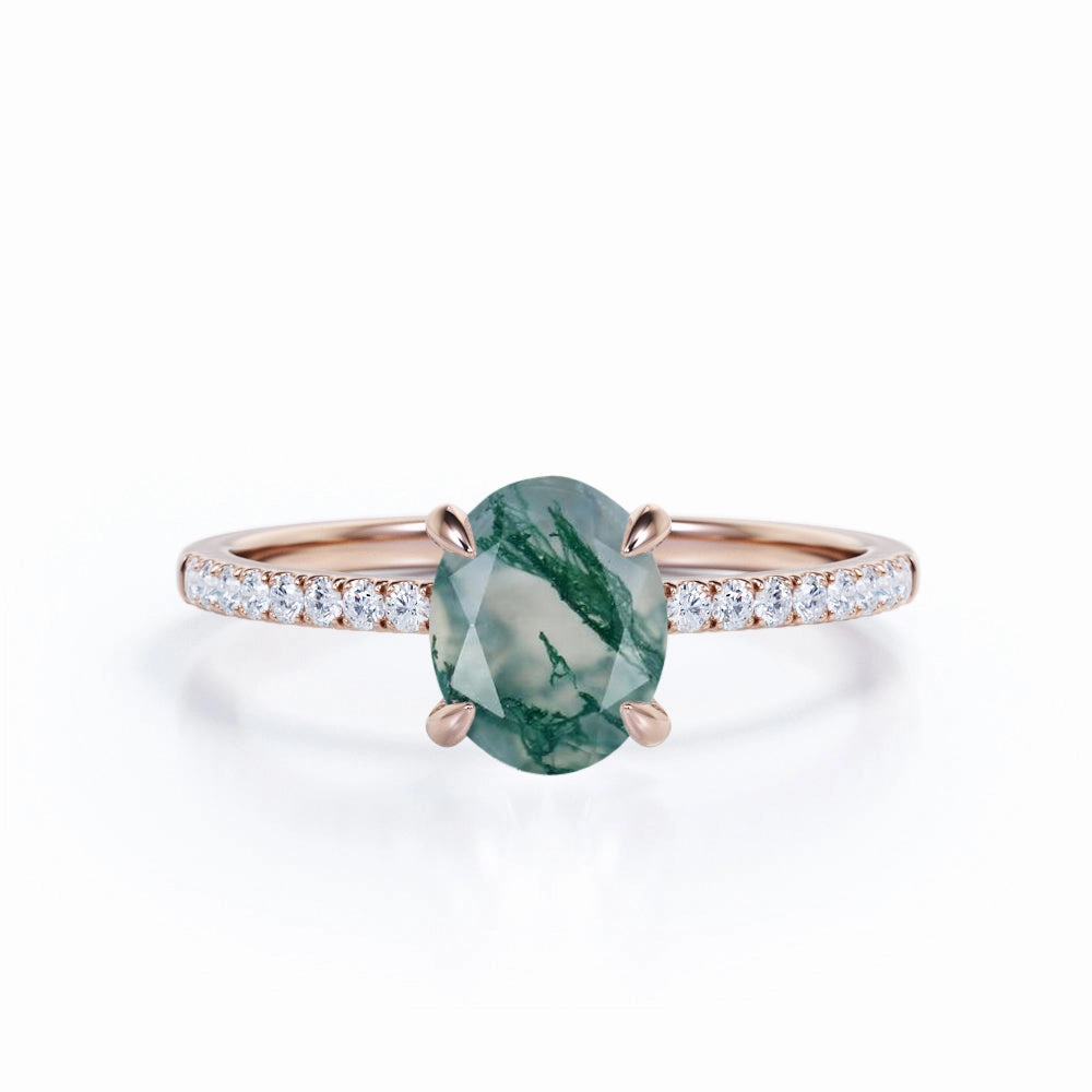 Understated Spark Refined Flair 1.25 ct Oval Cut Green Moss AgatePave Engagement Ring