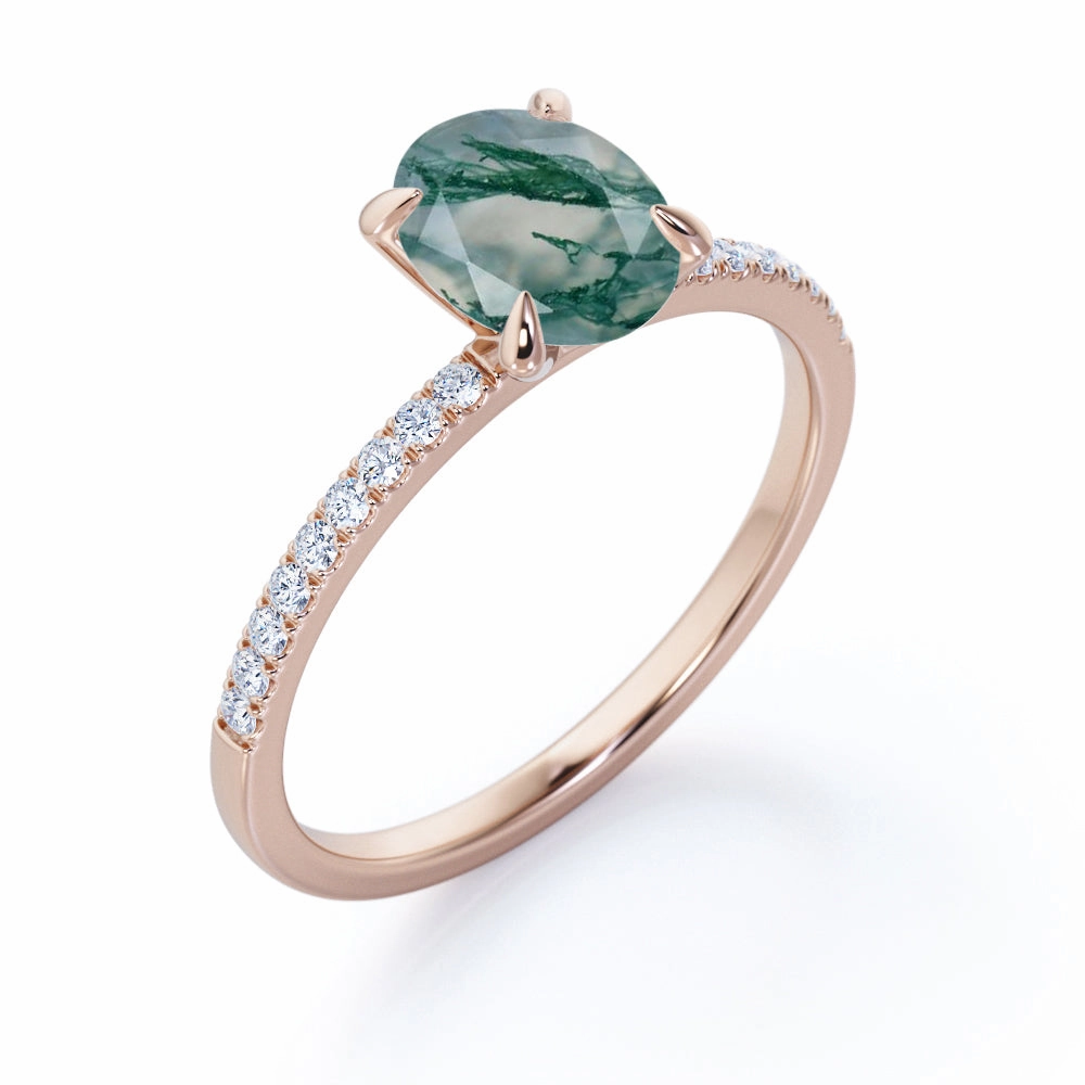 1.25 ct Oval Cut Green Moss AgatePave Engagement Ring Eternal Symbol