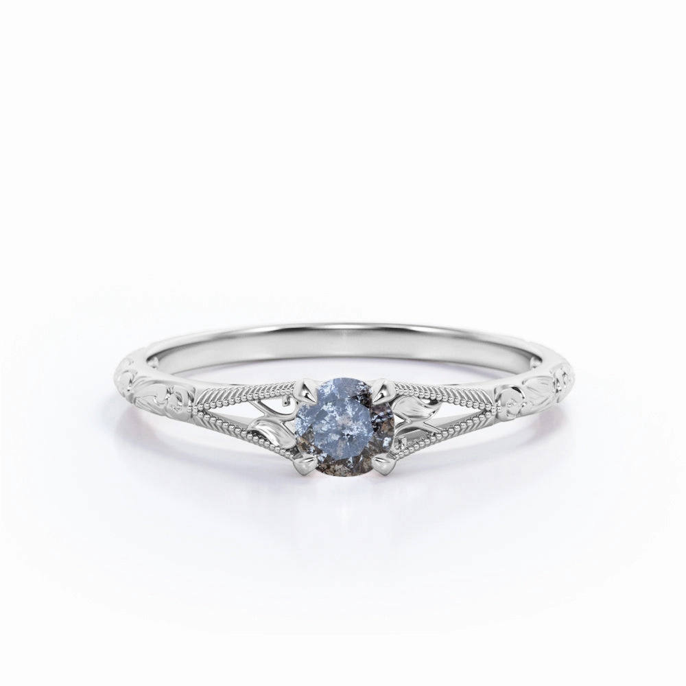 Exquisite Milgrain Solitaire .50 Carat Round Cut Natural Galaxy Black Grey Salt and Pepper Diamond Filigree Engagement Ring for Her Inspired Accent Stylish Article