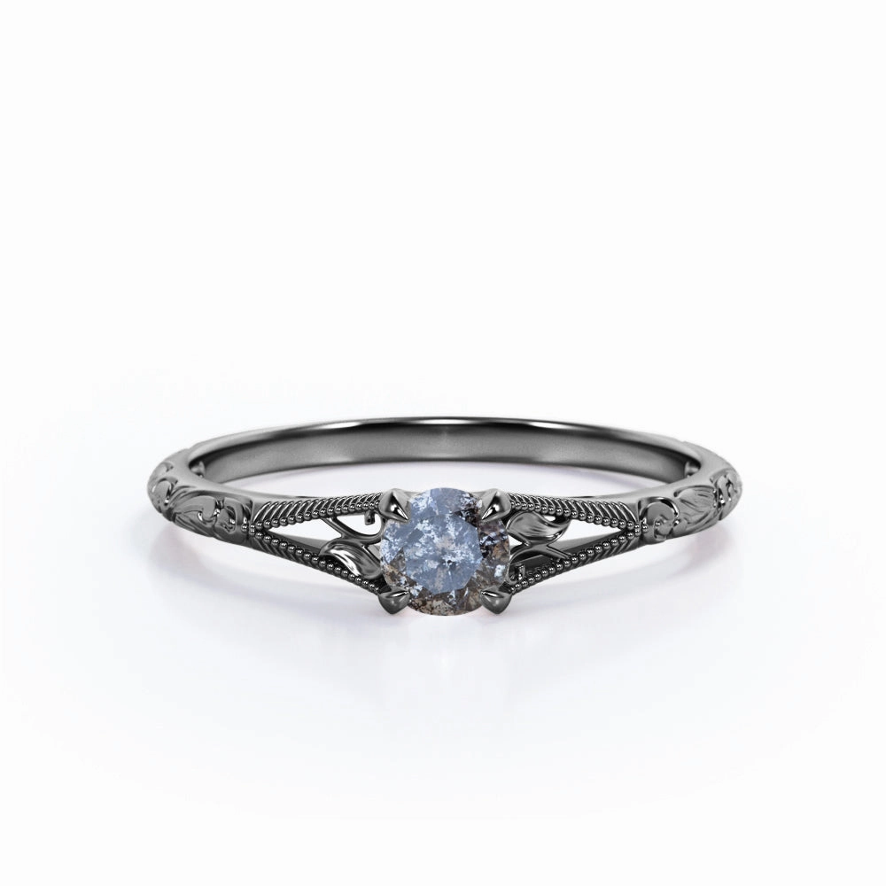 Fashionable Ornament Exquisite Milgrain Solitaire .50 Carat Round Cut Natural Galaxy Black Grey Salt and Pepper Diamond Filigree Engagement Ring for Her