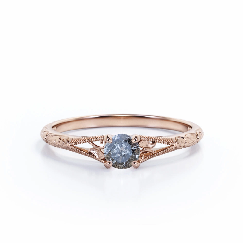 Exquisite Milgrain Solitaire .50 Carat Round Cut Natural Galaxy Black Grey Salt and Pepper Diamond Filigree Engagement Ring for Her Convenient Appearance Simple Ornament