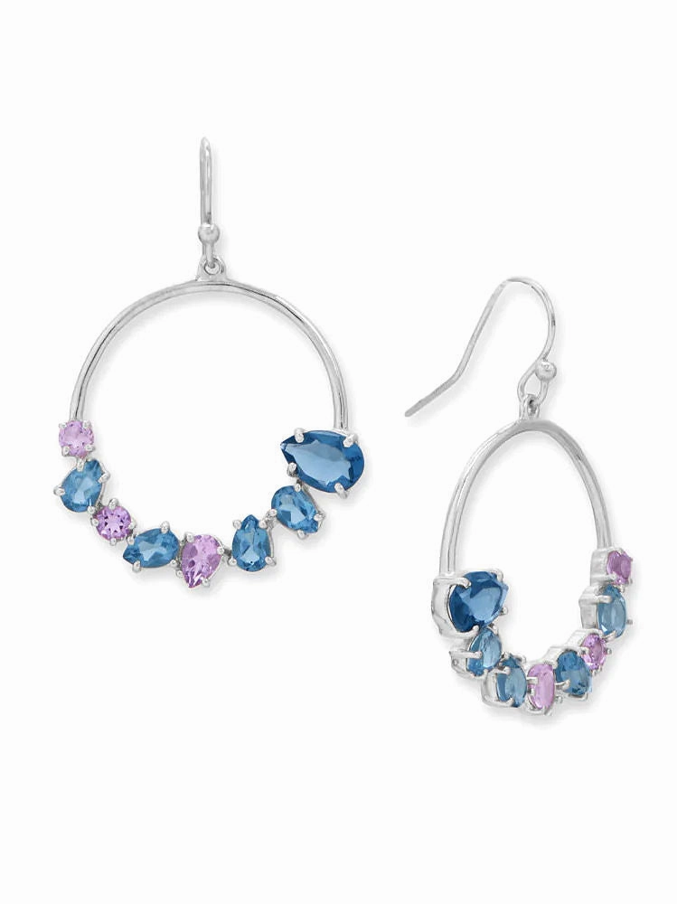 Amethyst and Blue Glass Hoop Dangle Earrings Rhodium on Sterling Silver Attractive Piece Retro Piece