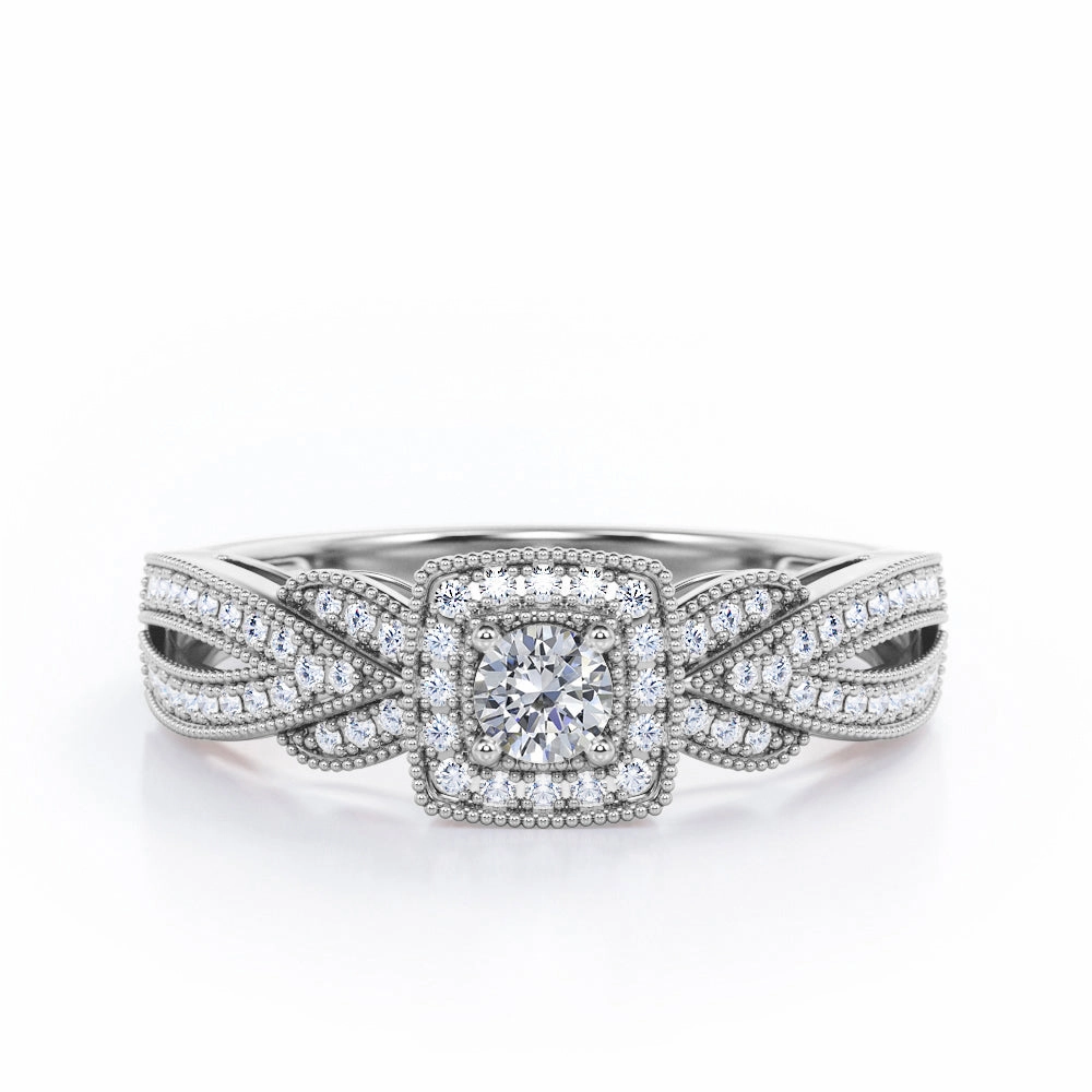 Extravaganza Milgrain Bordered - 0.5 TCW Round Brilliant Cut Diamond - Halo Pave Channel Engagement Ring - 10K White Gold Classic Present Chic Object