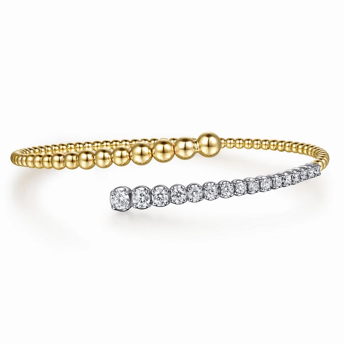 14K White and Yellow Gold Bujukan and Graduating Diamond Bypass Bangle Bracelet Bold Craft Weekend Piece