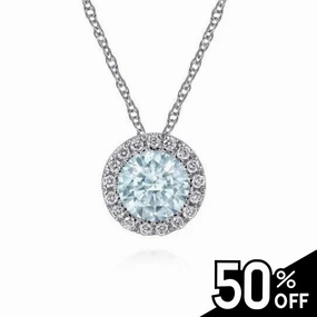 Signature Style Trendy Sparkle 14K White Gold Aquamarine and Diamond Halo Pendant Necklace