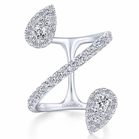 14K White Gold Diamond Pave Teardrops Wrap Ring Artisan Accent