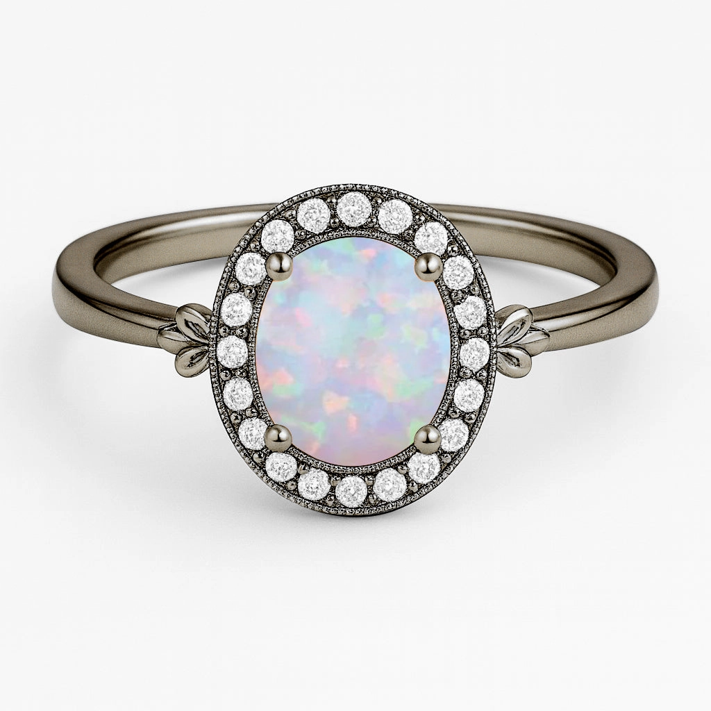 On The Go Halo 1.10 Ct Oval Cut Lab Created Opal Engagement Ring