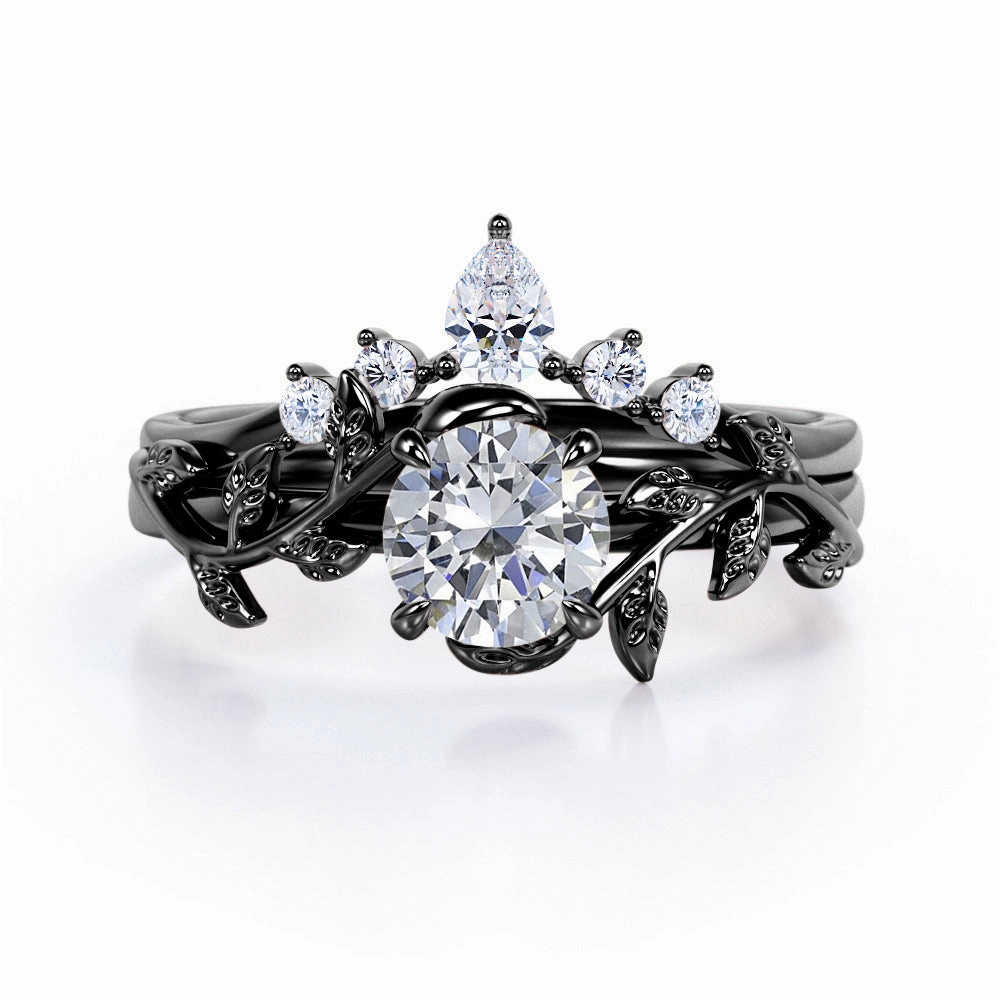 Style Staple Fairytale 0.55 carat Round Moissanite and Diamond Wedding Ring Set in Black Gold