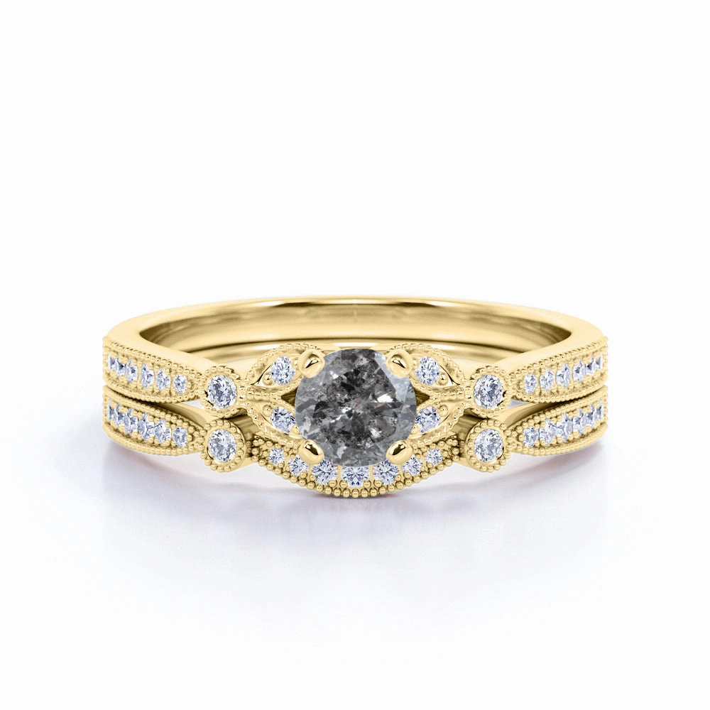 Modern Object Milgrain 1.25 Ct Round Cut Salt and Pepper Diamond Bridal Set