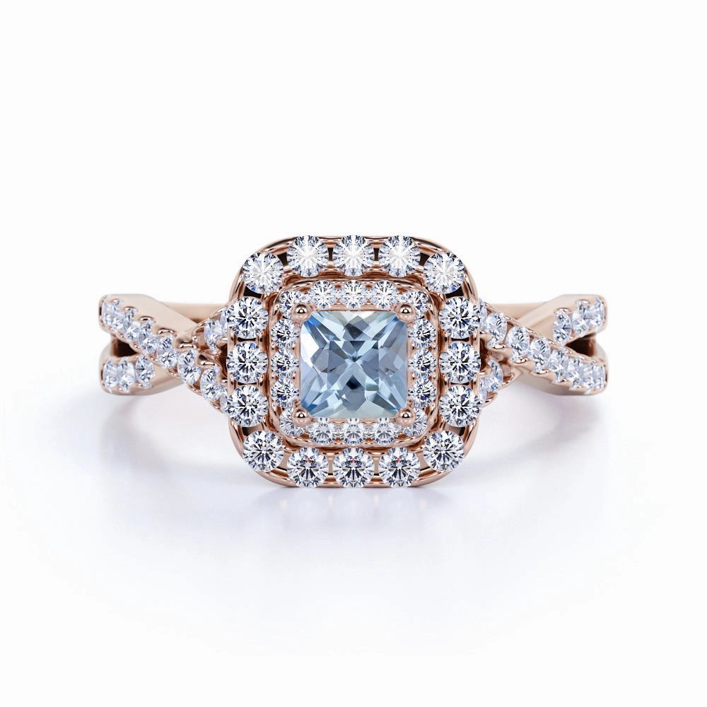 Timeless Finish Unique Memento Three Stone 1.50 ct Princess Aquamarine Halo Engagement Ring