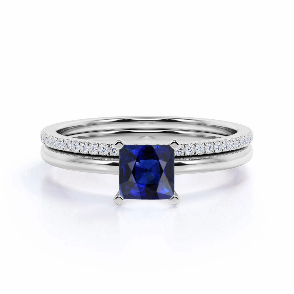 Solitaire 1.25 Ct Princess Cut Lab Sapphire Bridal Set Creative Craft Modern Finish