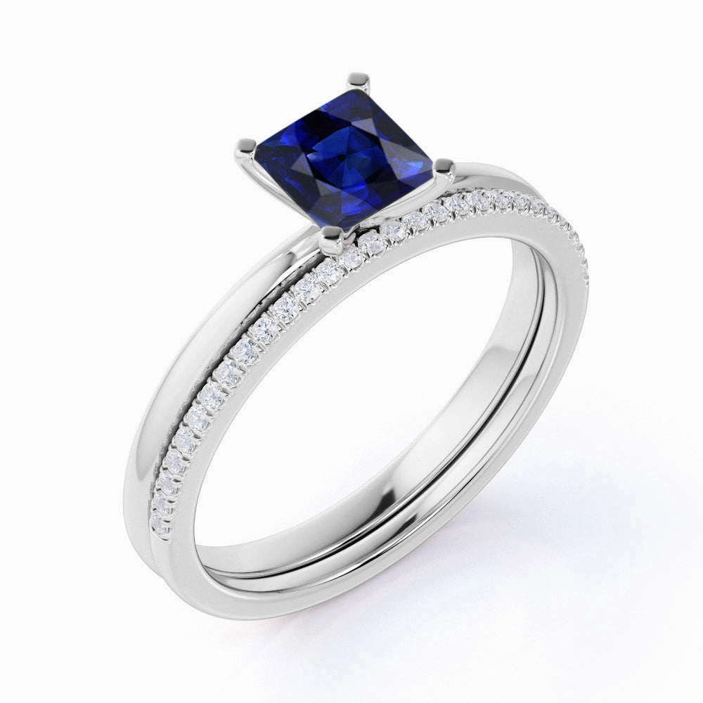 Abstract Pattern Solitaire 1.25 Ct Princess Cut Lab Sapphire Bridal Set