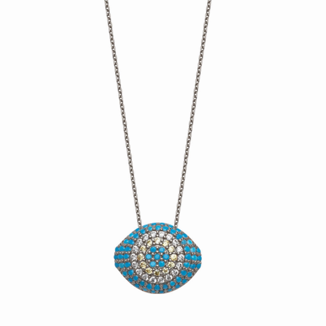 Evil Eye Necklace 14k White Gold with Nano Turquoise Cubic Zirconia Gift Option Unique Flair