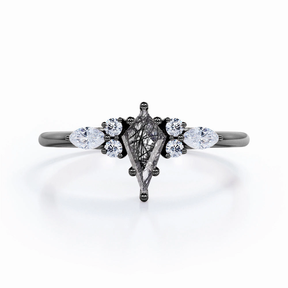 1.25 ct Kite Black Rutilated Quartz Seven Stone Engagement Ring Artisan Design Brilliant Symbol