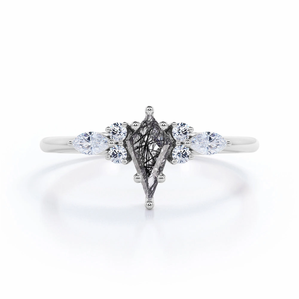 Neutral Mood Bold Style 1.25 ct Kite Black Rutilated Quartz Seven Stone Engagement Ring