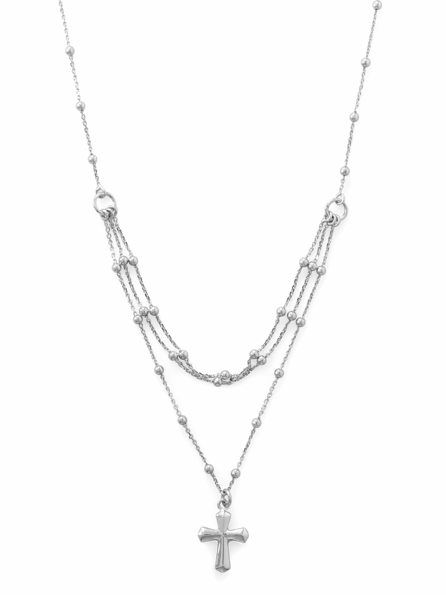 birthday party Modern Man Layered Cross Necklace Rhodium on Sterling Silver Satellite Chain Bead