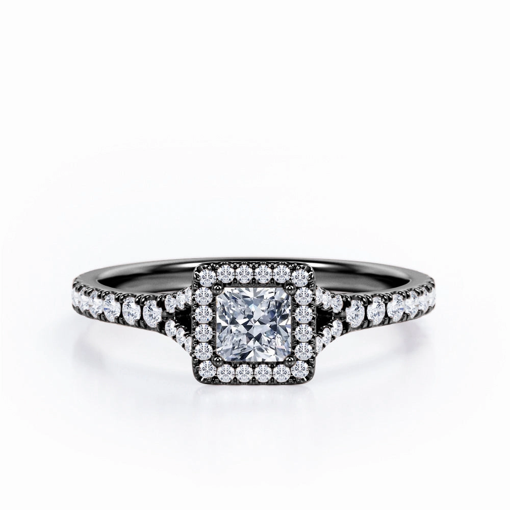 Pave Split-Shank Design 0.5 TCW Princess Cut Diamond Four-Prong Halo Engagement Ring in 10K Rose Gold Durable Symbol