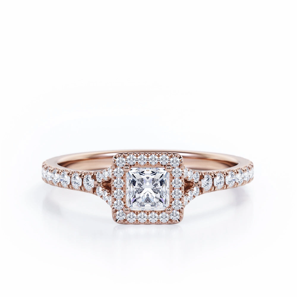 Elegant adornment Luxury Line Pave Split-Shank Design 0.5 TCW Princess Cut Diamond Four-Prong Halo Engagement Ring in 10K Rose Gold