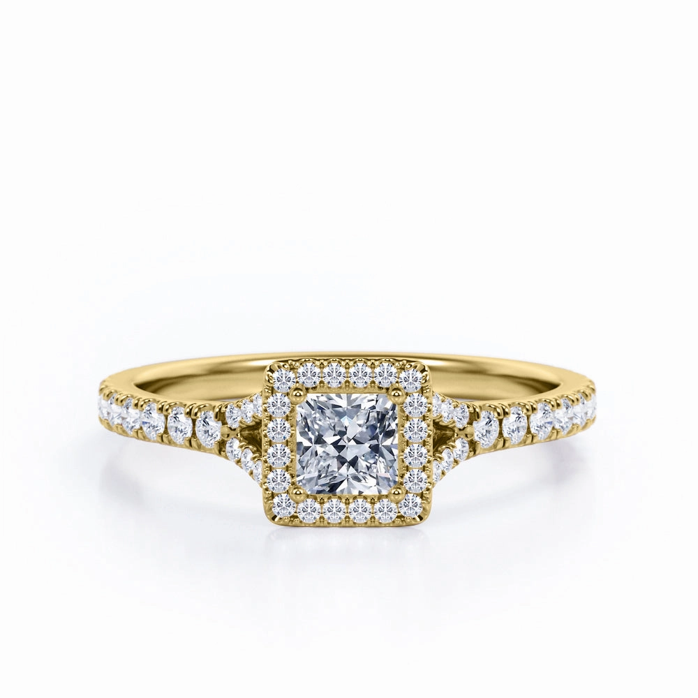 Pave Split-Shank Design 0.5 TCW Princess Cut Diamond Four-Prong Halo Engagement Ring in 10K Rose Gold Artistic Keepsake Trend Adoption
