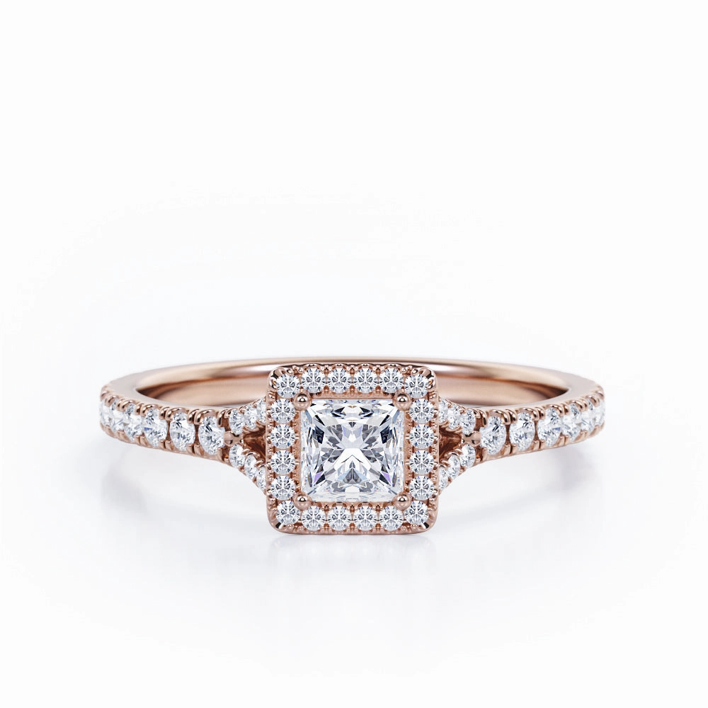 Pave Split-Shank Design 0.5 TCW Princess Cut Diamond Four-Prong Halo Engagement Ring in 10K Rose Gold Youthful Accessory
