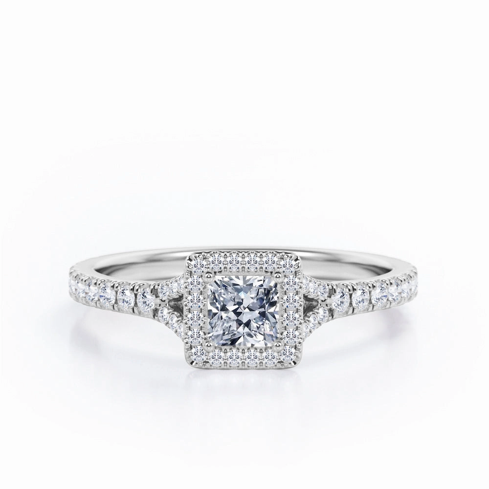 Pave Split-Shank Design 0.5 TCW Princess Cut Diamond Four-Prong Halo Engagement Ring in 10K Rose Gold Sleek Look