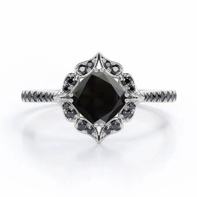 1.5 ct Cushion Lab Black Diamond Vintage Pave Engagement Ring Minimal Balance