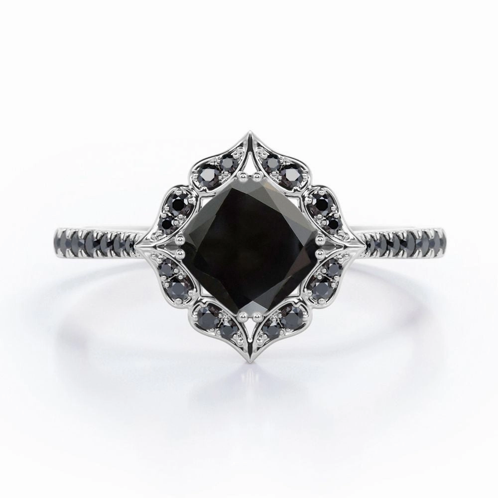 Daily Grace Balanced Balance 1.5 ct Cushion Lab Black Diamond Vintage Pave Engagement Ring