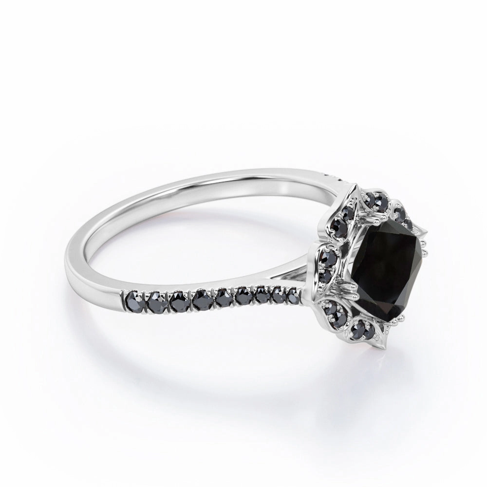 gift set 1.5 ct Cushion Lab Black Diamond Vintage Pave Engagement Ring