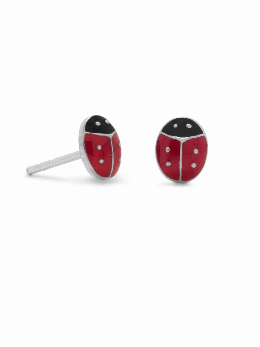 Lovely Trinket Pretty Decor Lady Bug Post Stud Earrings Black and Red Enamel Sterling Silver