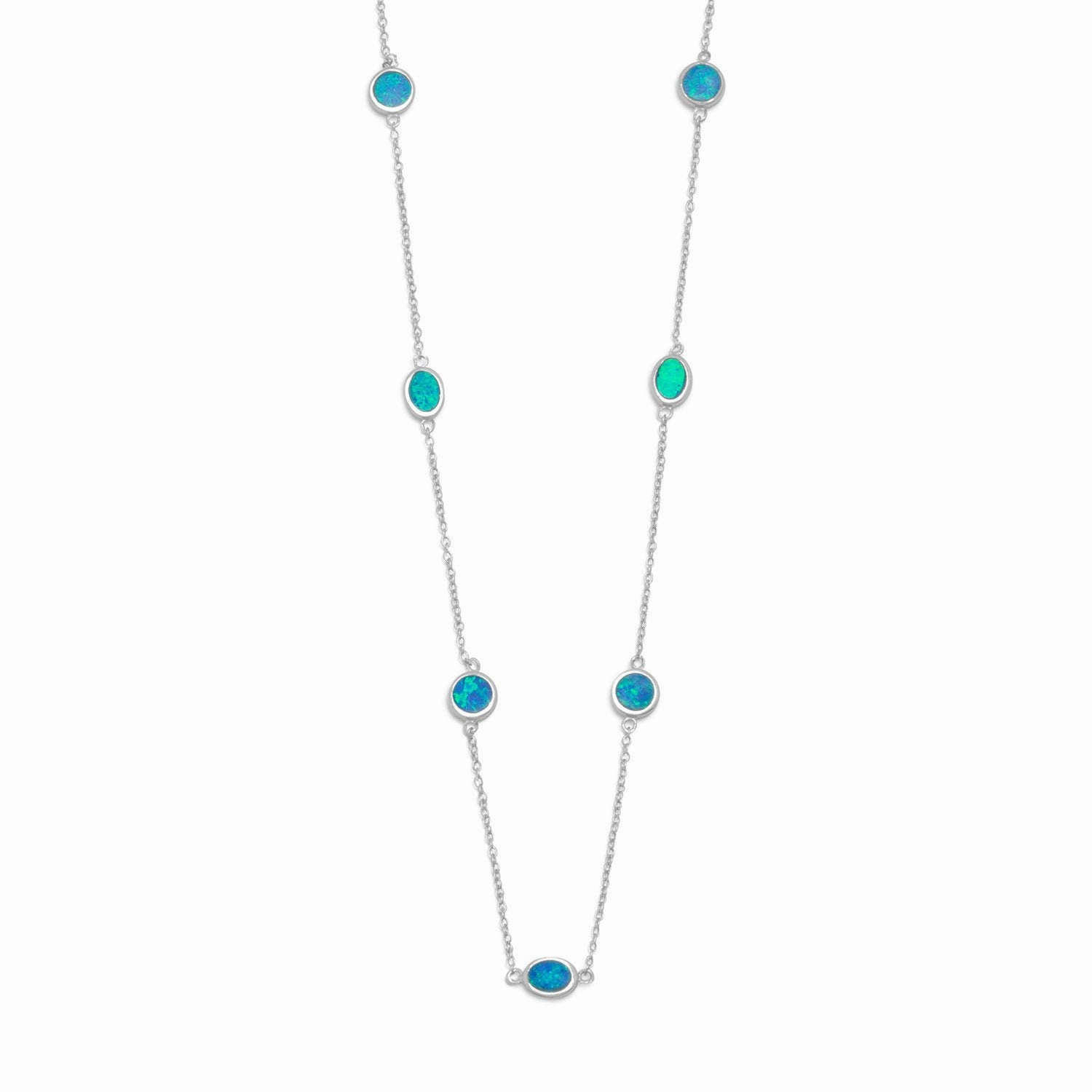 Blue Opal Necklace with Round and Oval Stones Rhodium on Sterling Silver - Nontarnish Adorned Piece