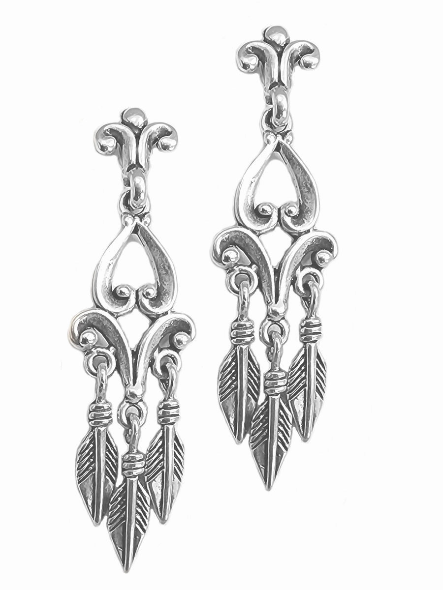 Grand Adornment Feather Drop Dangle Earrings Fleuree Design Sterling Silver