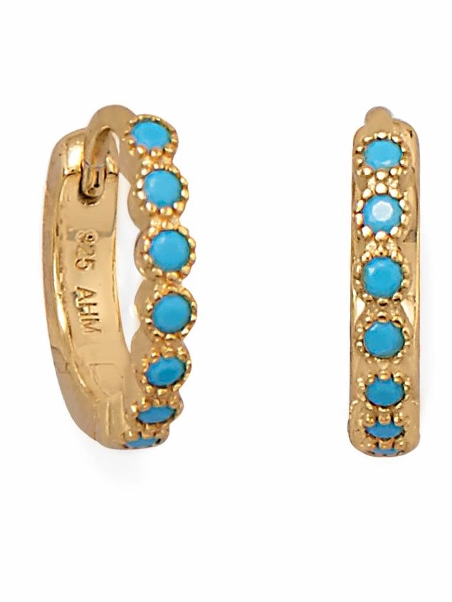 Small Hoop Earrings Blue-Green Cubic Zirconia Gold-plated Silver 12.3mm Modern feature Ornate Adornment