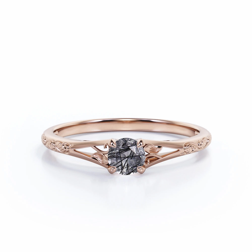 Attractive Style Filigree 0.33 ct Round Black Rutilated Quartz Solitaire Engagement Ring