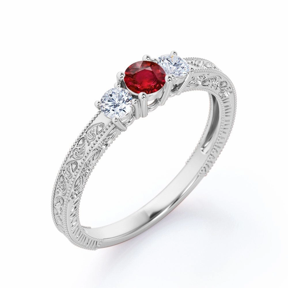 Traditional Design Filigree 0.70 ct Round Lab-Created Ruby Three-Stone Engagement Ring