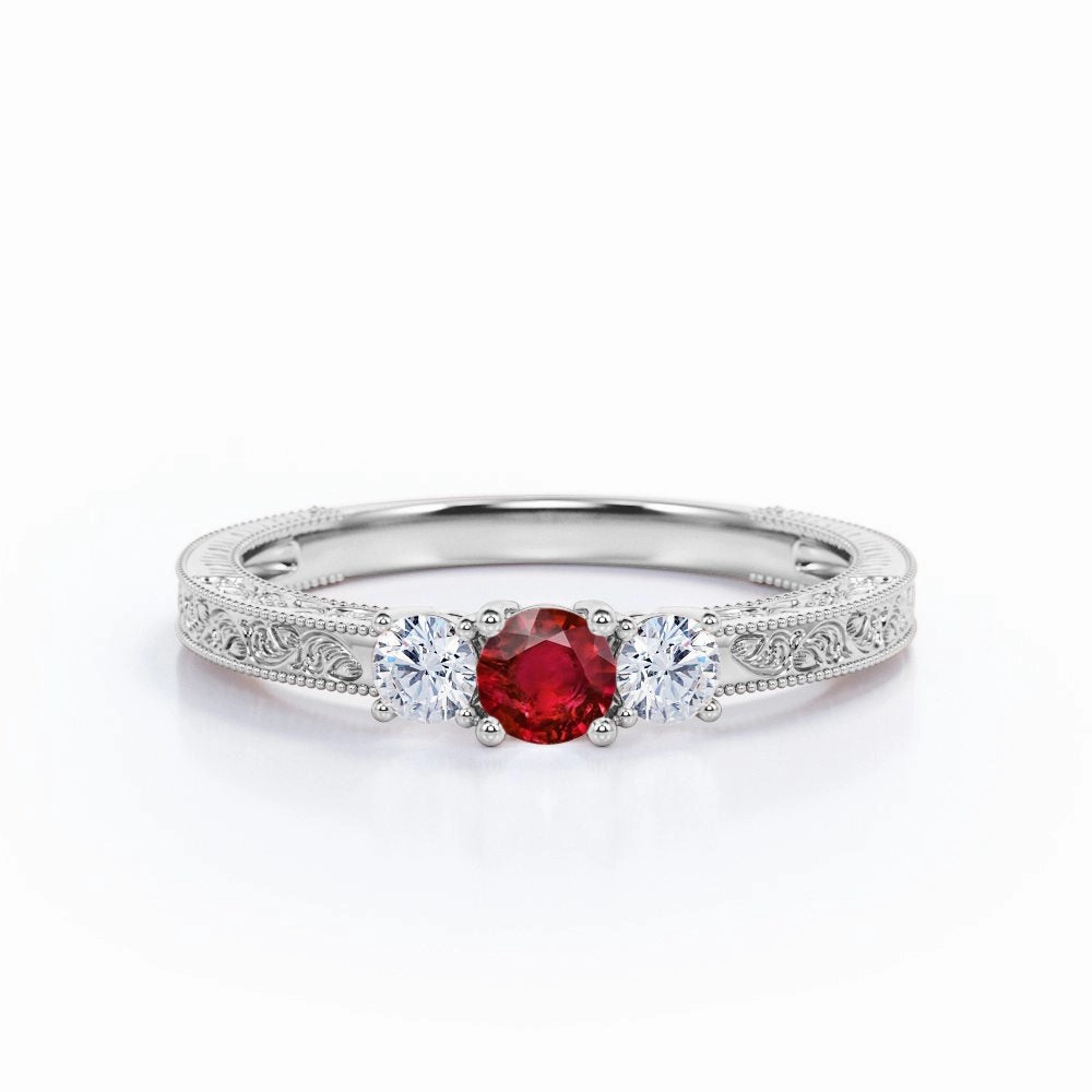 Filigree 0.70 ct Round Lab-Created Ruby Three-Stone Engagement Ring Travel Accessory