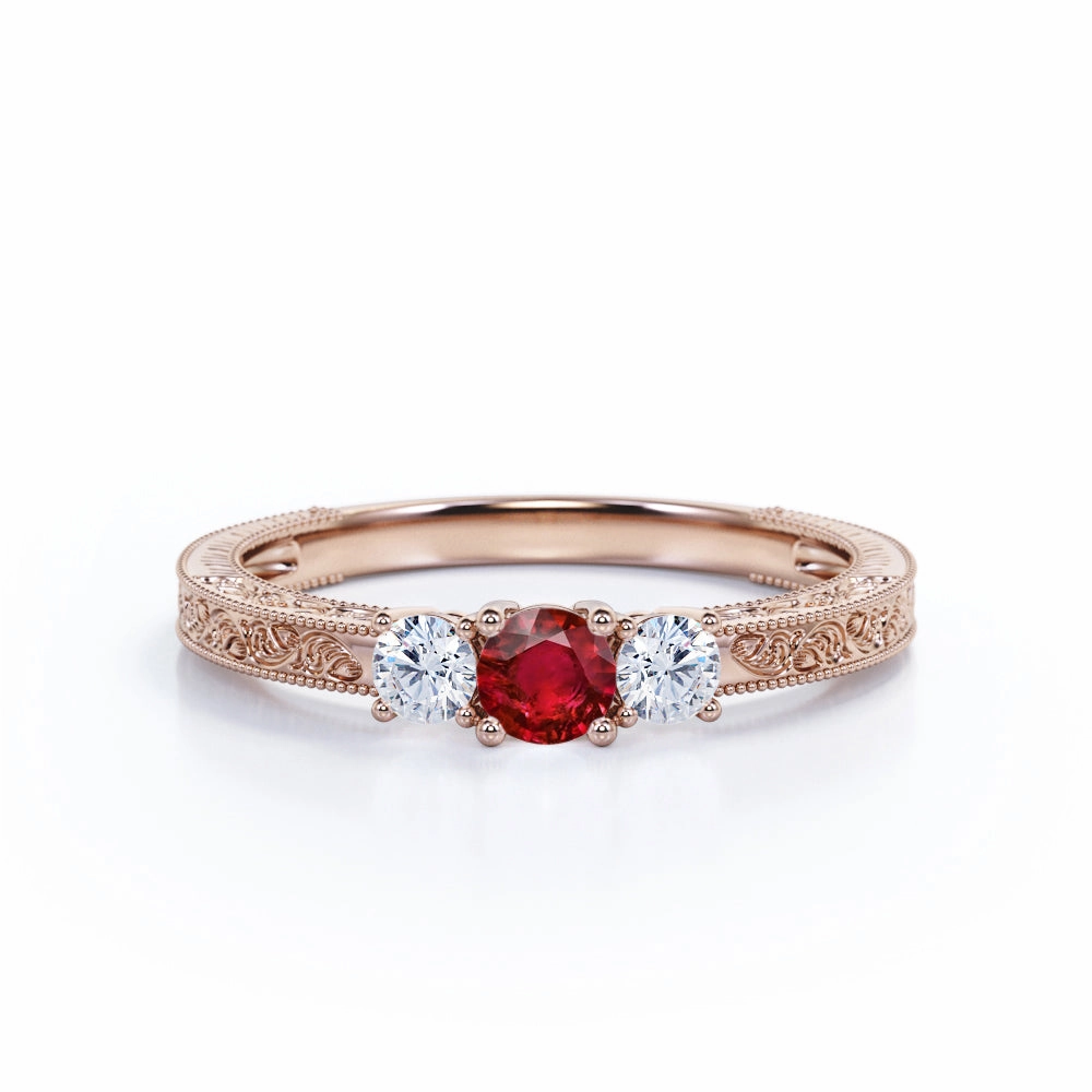 Custom Item Handcrafted Article Filigree 0.70 ct Round Lab-Created Ruby Three-Stone Engagement Ring