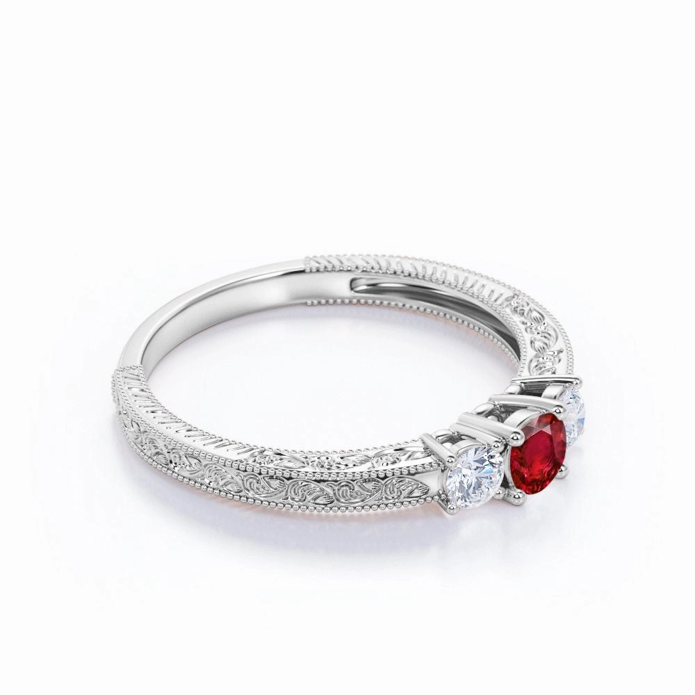 Wonderful Adornment Filigree 0.70 ct Round Lab-Created Ruby Three-Stone Engagement Ring